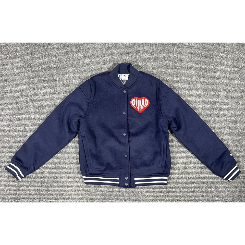 PUMA Varsity Jacket Navy Embr.  Logo Button Accents Zipped Pockets Men's Size S
